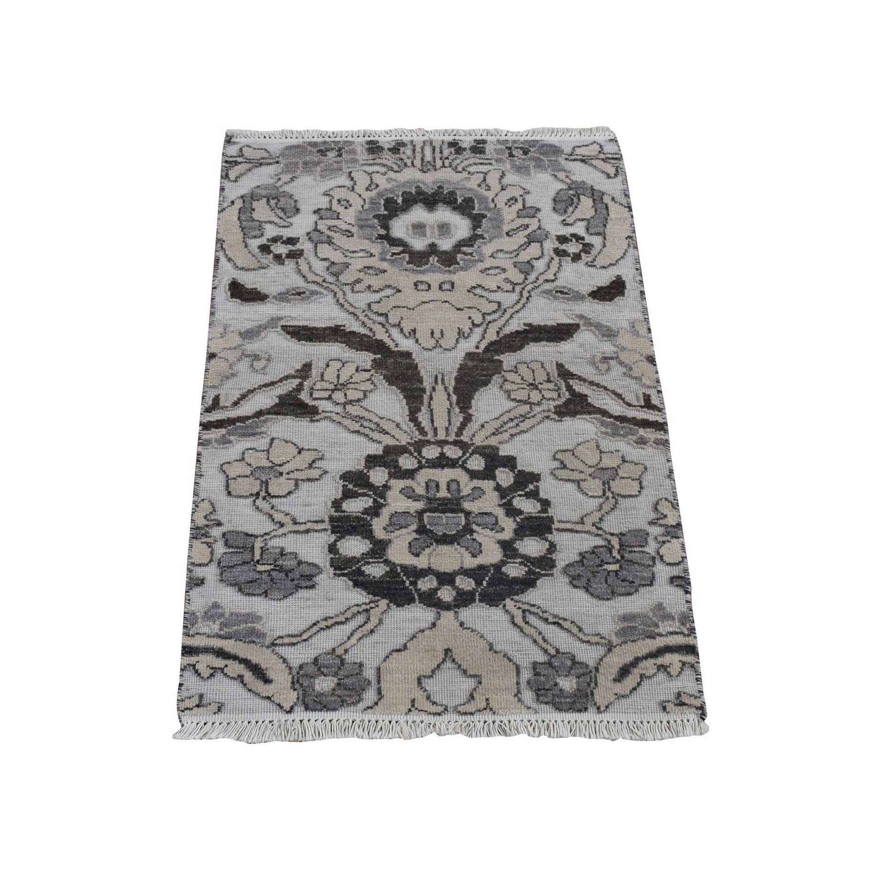 2'1"x3'1" Ivory with Chocolate Brown, 100% Wool, Hi and Lo, Oushak Design, Hand Knotted, Sample Fragment, Textured, Mat Oriental Rug 